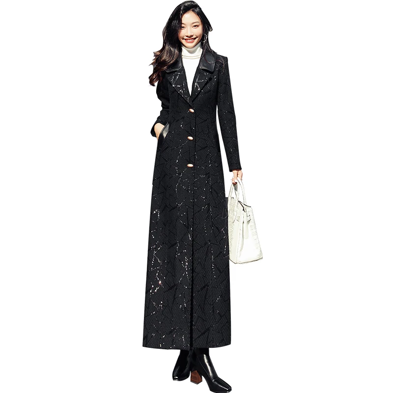 

Black woolen coat fall / winter 2020 waist closing temperament sequined woolen long coat women over knee length 5032
