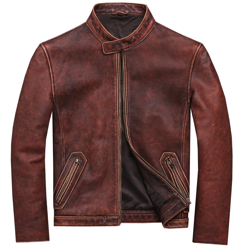 Мужская кожаная куртка в стиле ретро мотоциклетная из 100% натуральной коровьей