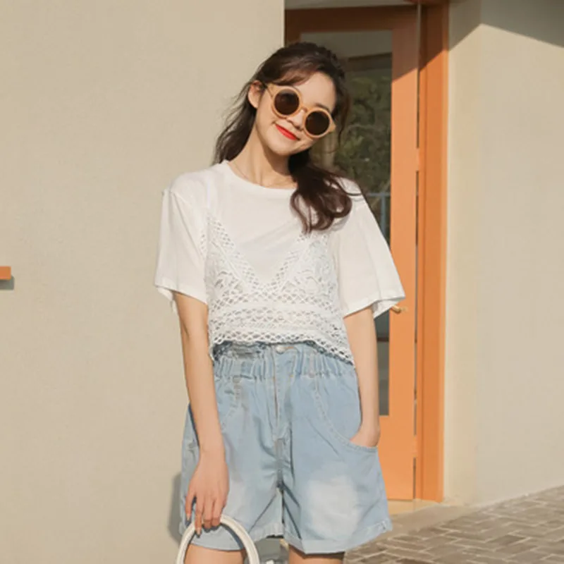 

Summer Women's Solid O-Neck Casual Versatile Short Sleeve T-Shirt Lady Hollow Suspender Two-Piece Lady T-Shirt