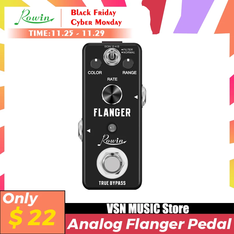 

Педаль Flanger Rowin для гитары, винтажная аналоговая педаль с эффектом Flanger для электрогитары, с фильтром и нормальными режимами, миниатюрный раз...