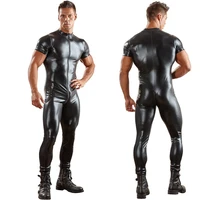 sexy males pu leather catsuit for men tight skin full bodysuit jumpsuit front zipper open crotch latex zentai suit costume 3xl