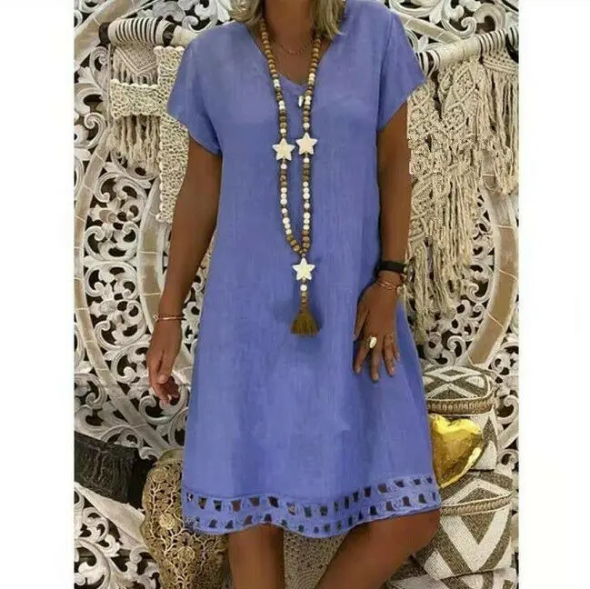 Женское платье бохо из хлопка и льна летняя длинная футболка с коротким рукавом