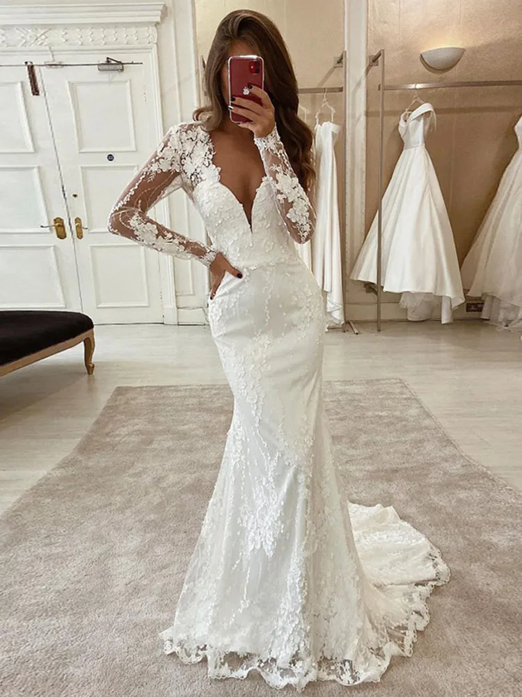

LORIE Vintage Wedding Dresses Boho V-Neck 3D Lace Long Sleeves Mermaid Wedding Gown Lace Bridal Dress 2021 vestidos de novia