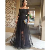 black a line prom dresses long 12 sleeve tulle lace appliques floor length formal dresses evening gowns see through vestidos