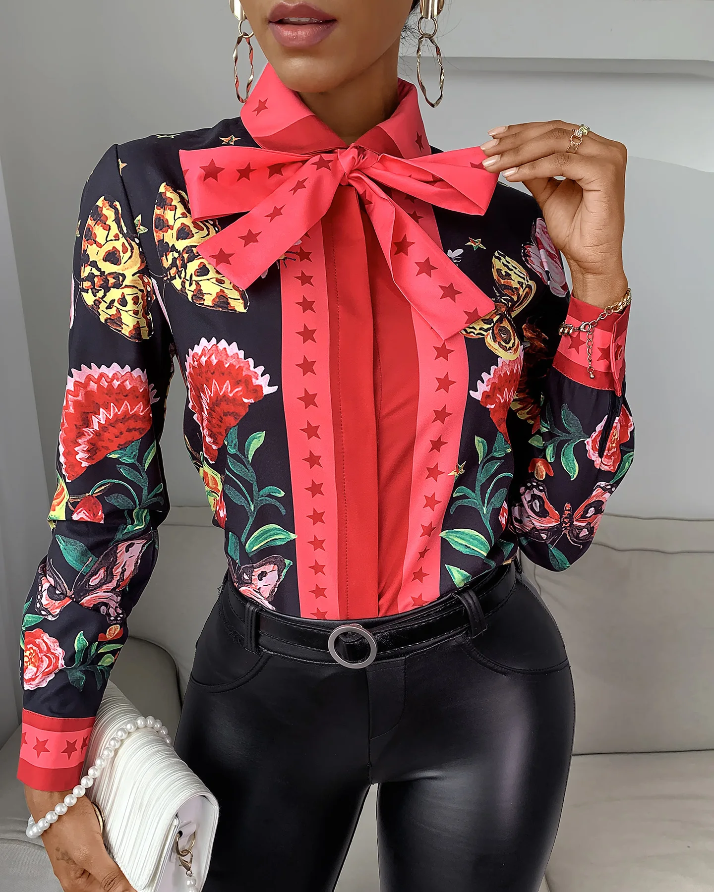 2020 Women Casual Autumn Turn-down Collar Chic Chiffon Blouse Tie Neck Floral Butterfly Print Long Sleeve Blouse Ladies Shirt