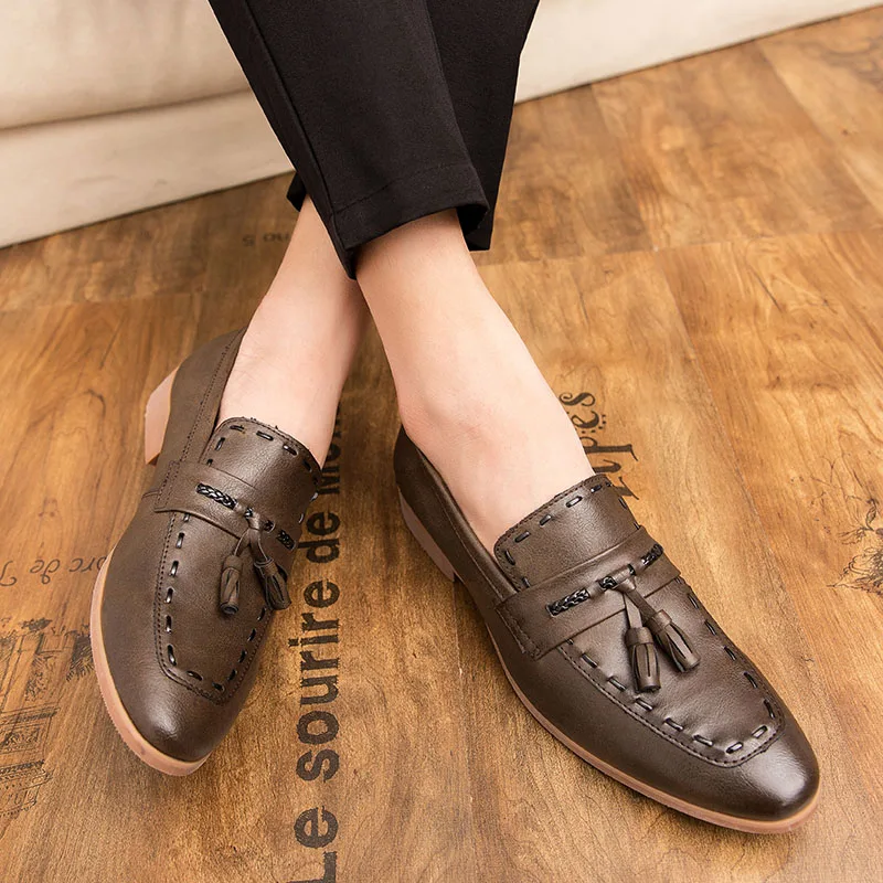 Лоферы мужские кожаные дышащие повседневная обувь для вождения Мокасины бахрома