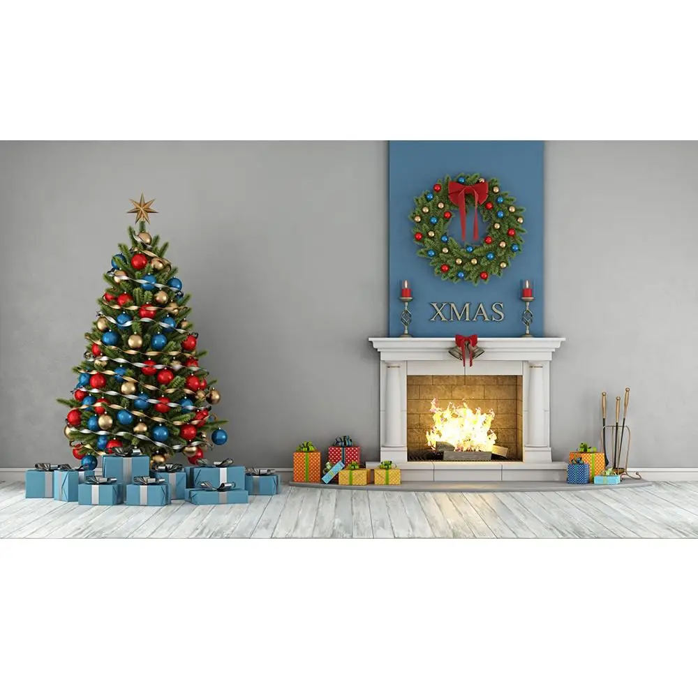 

Виниловый фон для фотосъемки с изображением рождественской елки окон деревянного пола камина