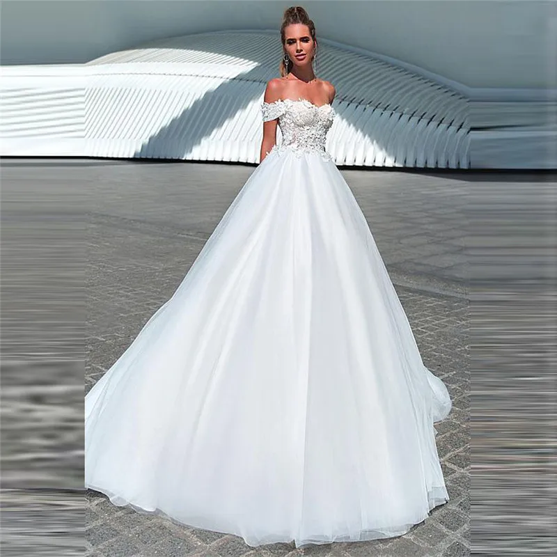 

Кружевное платье с открытыми плечами и аппликацией в виде цветов; Свадебное платье со шнуровкой сзади; Белые свадебные платья; Свадебная од...