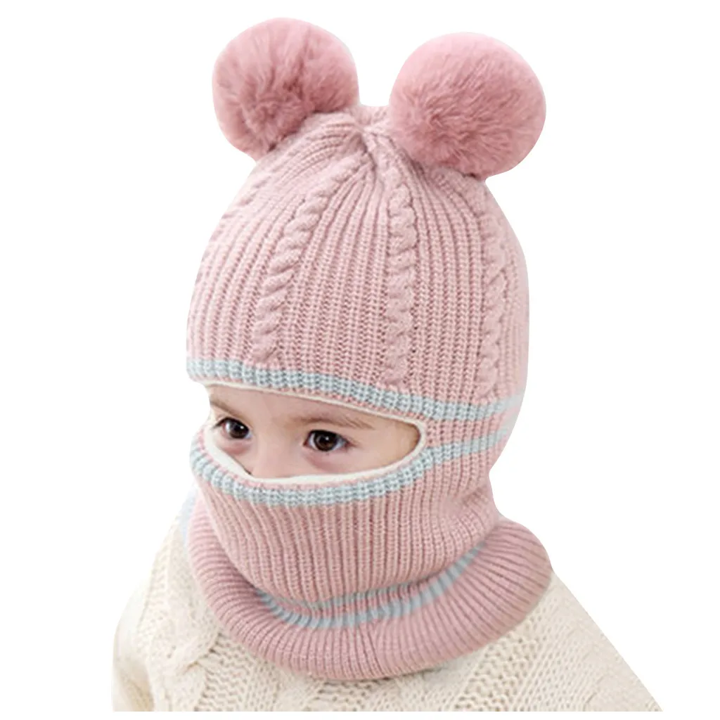 Baby Hat Scarf One-pieces Boys Girl Pompon Hats for Kids Winter Warm Knit Crochet Beanie Cap Children Caps 2-5Y | Детская одежда и
