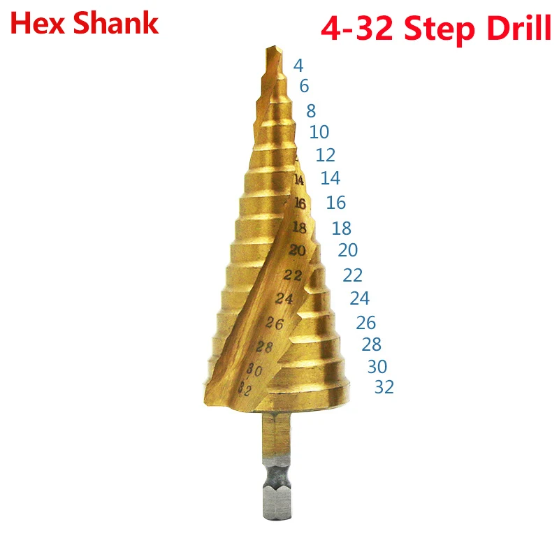 4-32 Hex shank LX Hss титановые спиральные рифленые ступенчатые сверла 4-12/4-20/4-32 мм ступенчатые конусные режущие инструменты стальные деревообрабатывающие металлические сверла - Цвет: 4-32 Hex shank LX
