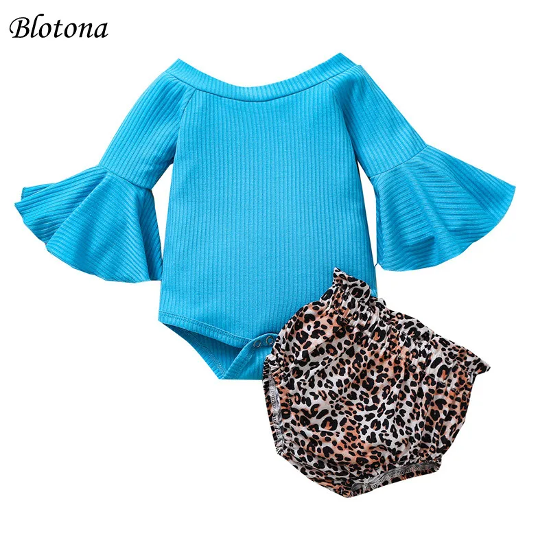 

Blotona Infant Baby Summer 2Pcs Outfits, Toddler Solid Color Off Should Romper Long Flared Sleeve Bodysuit+Leopard Shorts, 0-24M