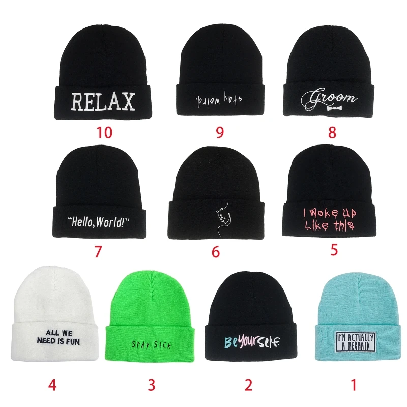 

null Women Men Winter Knitted Beanie Hat Minimalist Letters Embroidery Solid Color Harajuku Hip Hop Casual Cuffed Ski Skullies