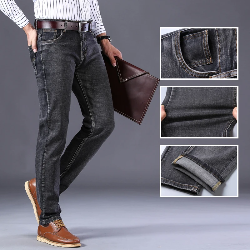 

SHAN BAO Classic Pocket Men's Slim Straight Grey Cotton Stretch Denim Jeans Spring Brand Fashion Casual Youth Business Jeans