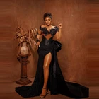 Женское вечернее платье со съемным шлейфом Aso Ebi, черное платье с бусинами, V-образным вырезом и разрезом сбоку, платье для выпусквечерние вечера