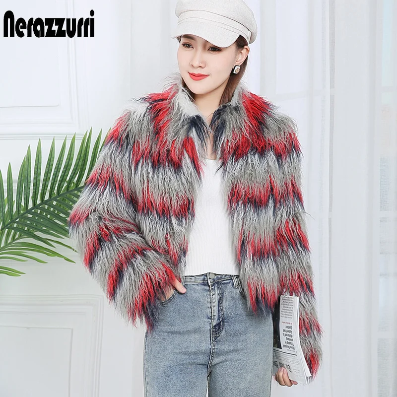 

Nerazzurri Gradient short shaggy faux fur jacket women Winter warm fluffy faux fur coat women long sleeve 2021 korean fashion