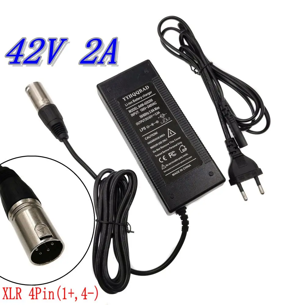 42V 2A electric bike lithium battery charger for 36V lithium battery pack with 4-Pin XLR Socket/connector
