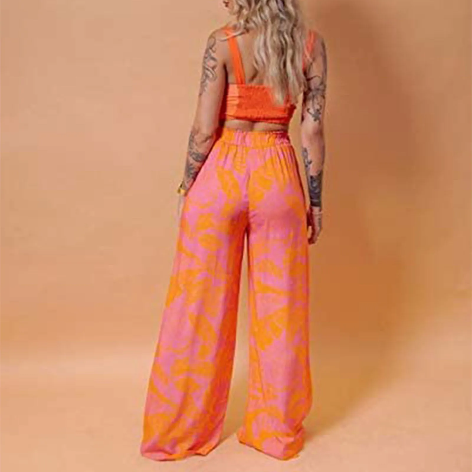 

Summer Tracksuit Sets Womens Outfits Boho Beach Style Print Underwear Loose Wide Leg Pants Ropa Mujer 2 Piece Suit