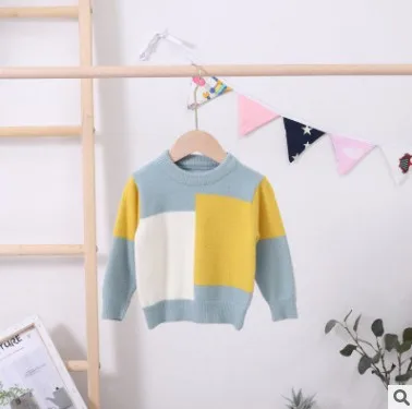 Autumn Winter Toddler Boys Sweater Baby Knitwear Tops Plaid Patchwork Kids Pullover Girls Clothes RT163 - Цвет: green yellow beige