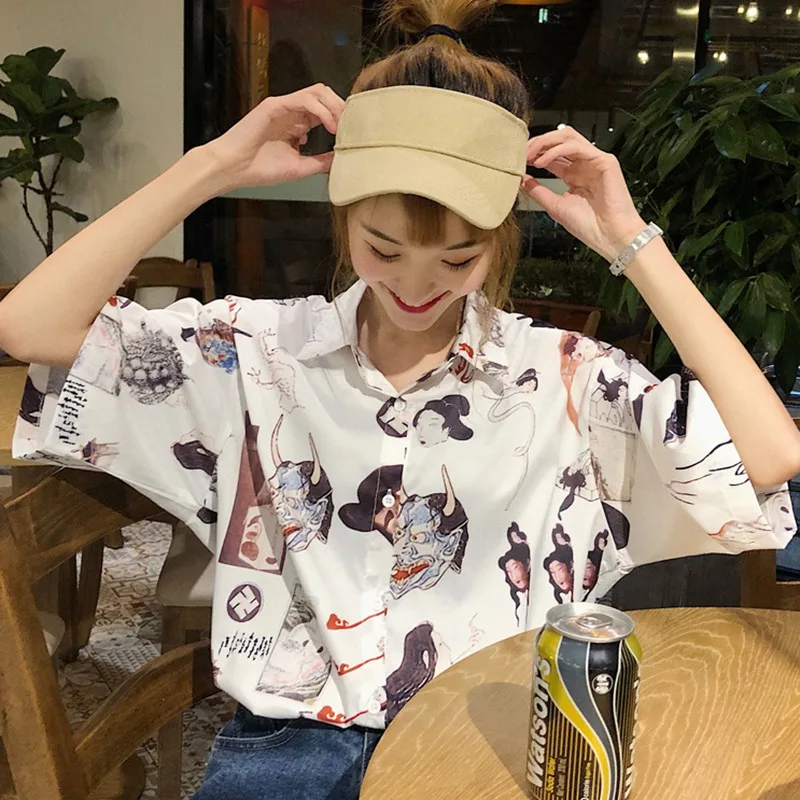 

Korobov Harajuku printed shirt Korean casual shirt 2019 summer short-sleeved lapel shirt ladies loose tops new