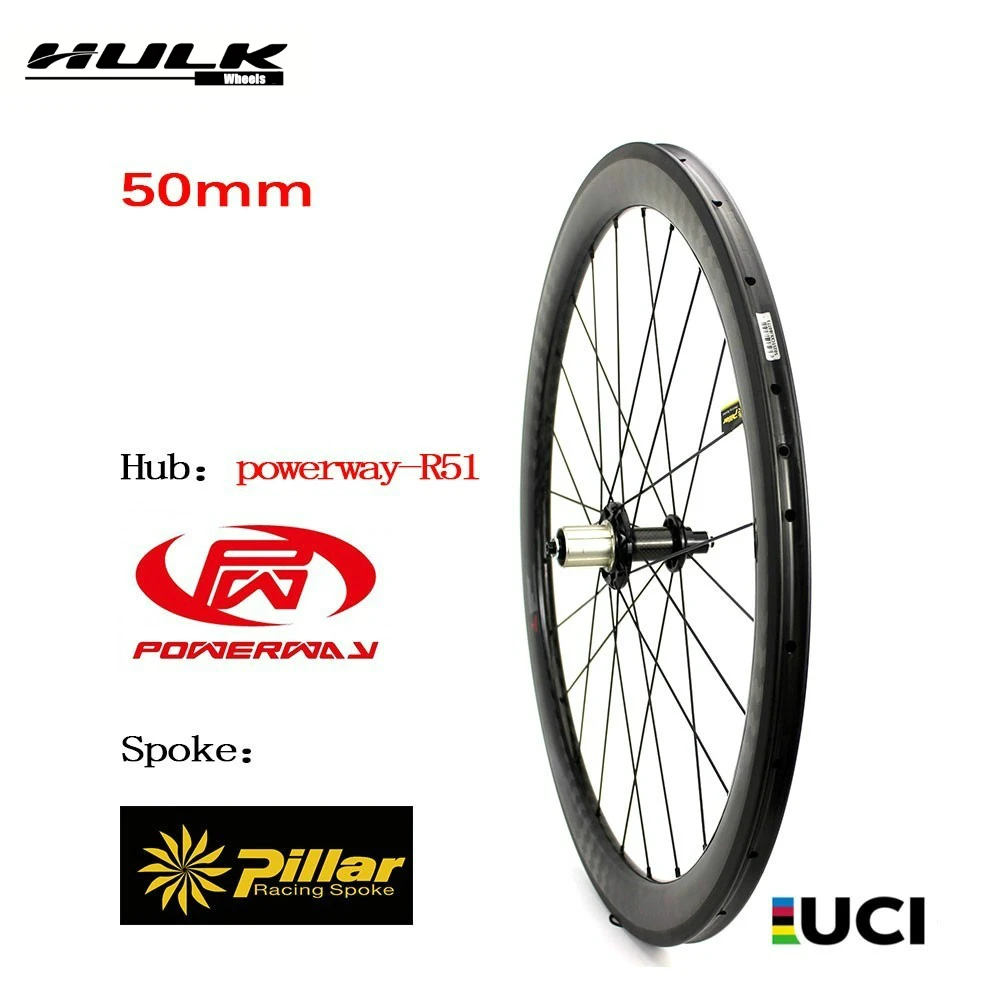

50mm Depth Carbon Fiber Wheelset 12k Twill Rim With Powerway R51 Hub 700c Road Bike Wheel Clincher Tubular Aero Carbon