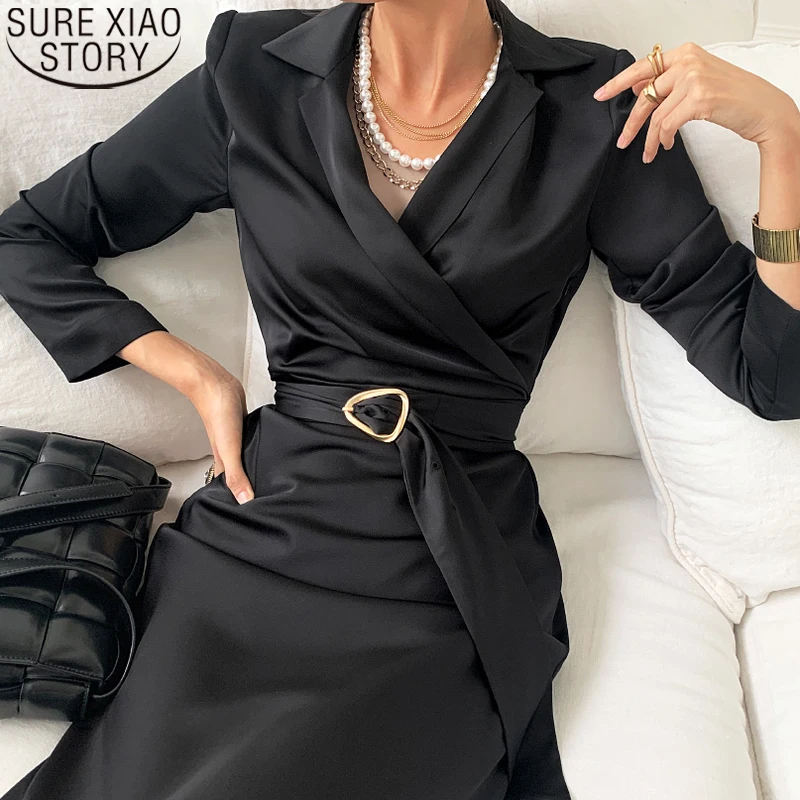 

Glossy Suit Dresses Office Lady Elegant Black Long Dress French Style Notched Cross Lace Up High Waist Women Vestidos 12799