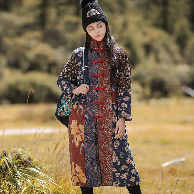 Многоцветный Johnature Winter Patchwork Floral Print Fashion Vintage Thick Cotton Coat New Loose Pockets Single Breasted Female Overcoat - Цвет: Многоцветный