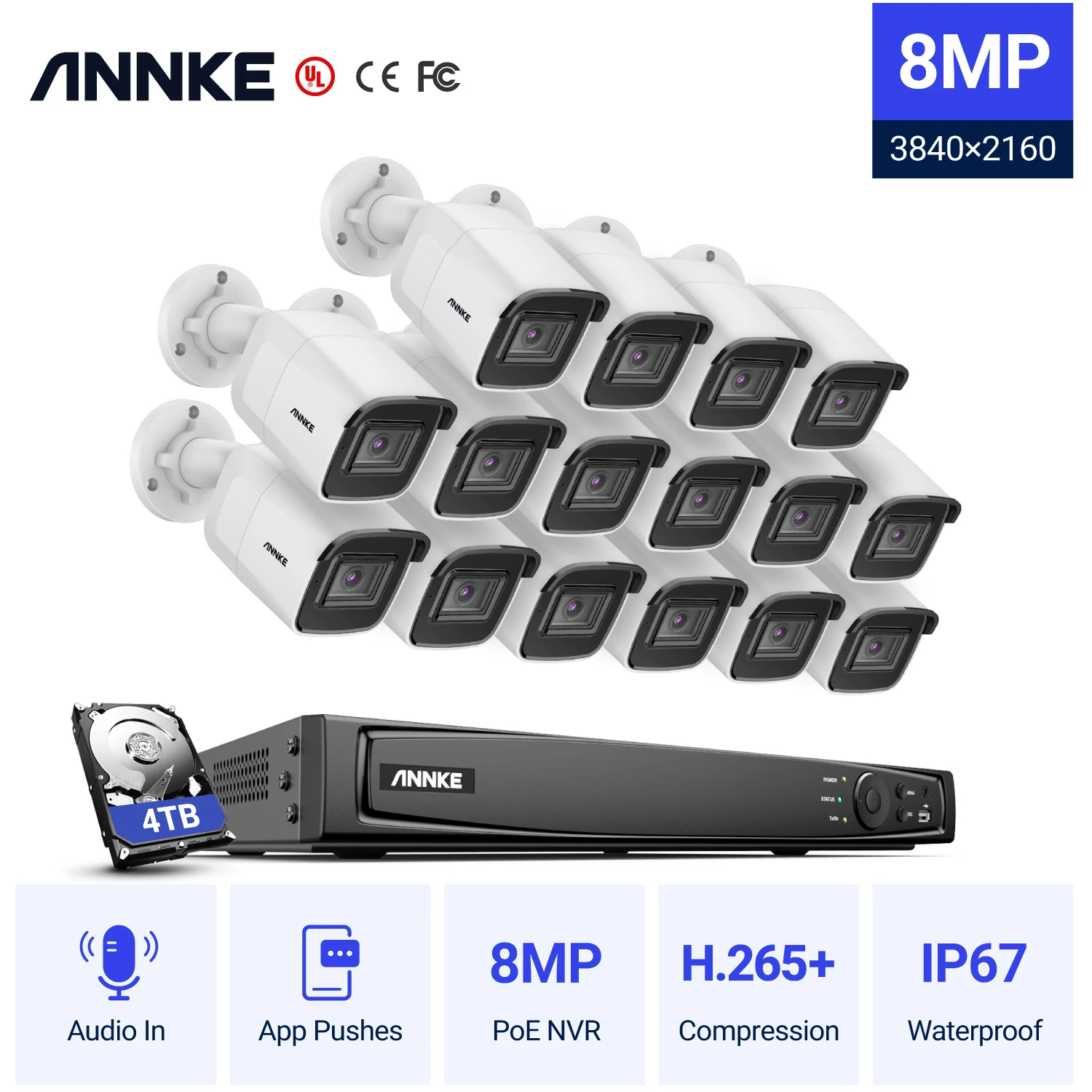 Сетевая Видеосистема ANNKE 16 каналов 4K Ultra HD POE 8 Мп H.265 сетевой видеорегистратор с 16X