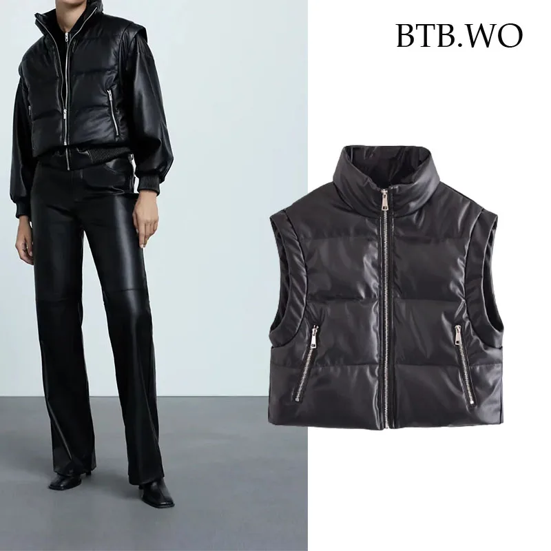 

BTB.WO ZA 2021 Women Black Warm Faux Leather Vest Coat Casual Zipper Sleeveless Jacket Female Short Cotton Outwear Winter Vests