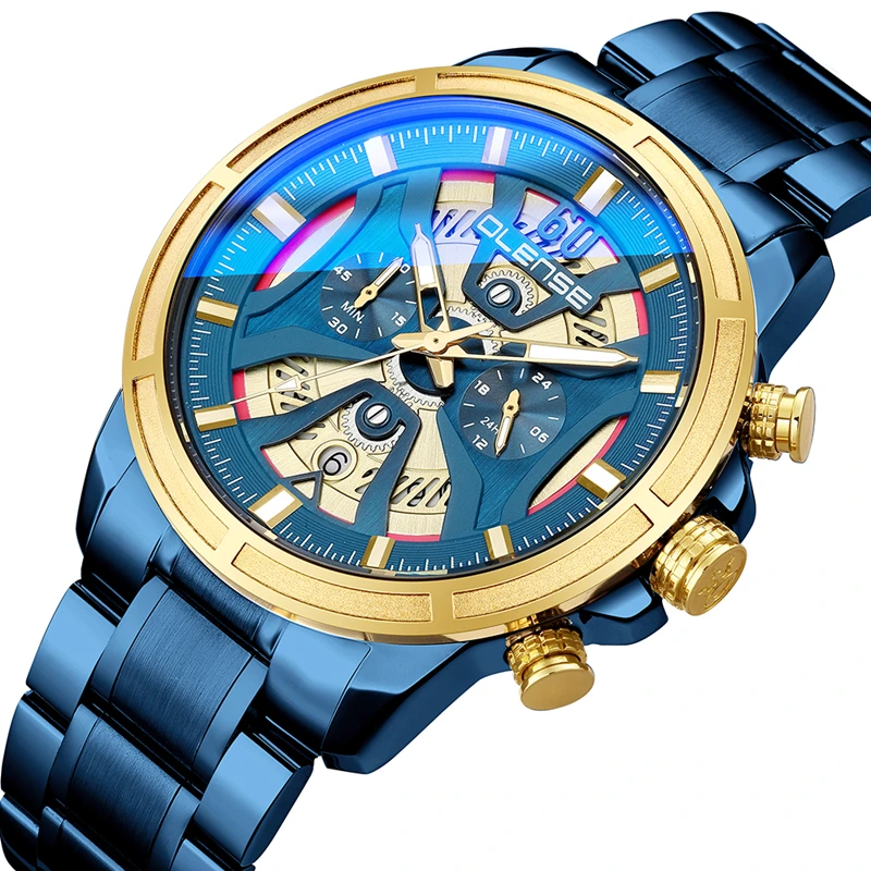 

olense-Men Luxury Quartz Watch Analog Multifunction Watch Stainless Steel Waterproof Business Sports Trend Casual Date Watch