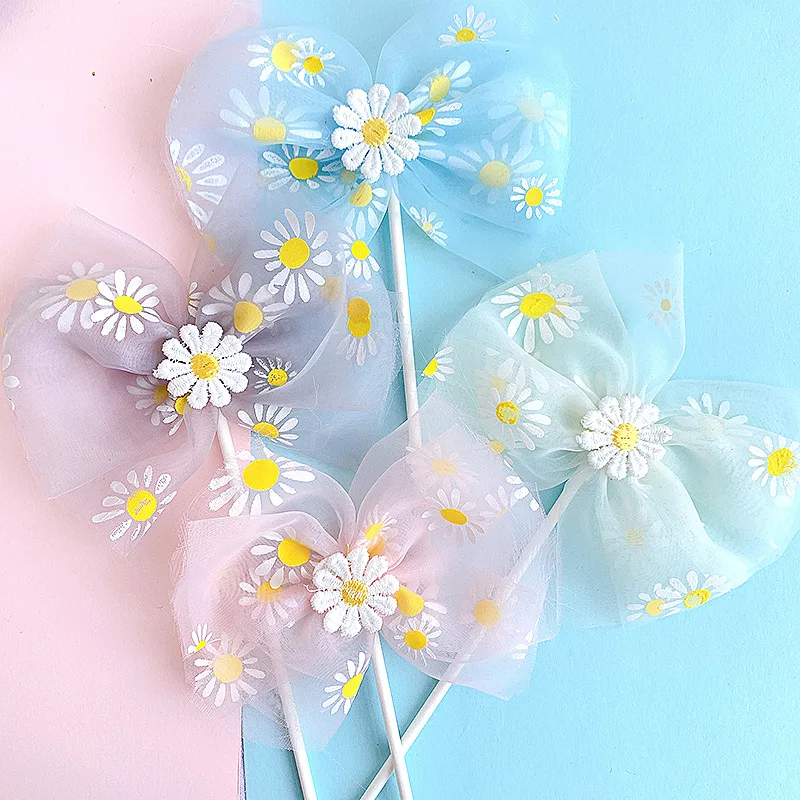 

Flowers Mesh Wedding Cake Topper Elegant Cloth Happy Birthday Cupcake Topper For Birthday Party Cake Decorations Baby Shower