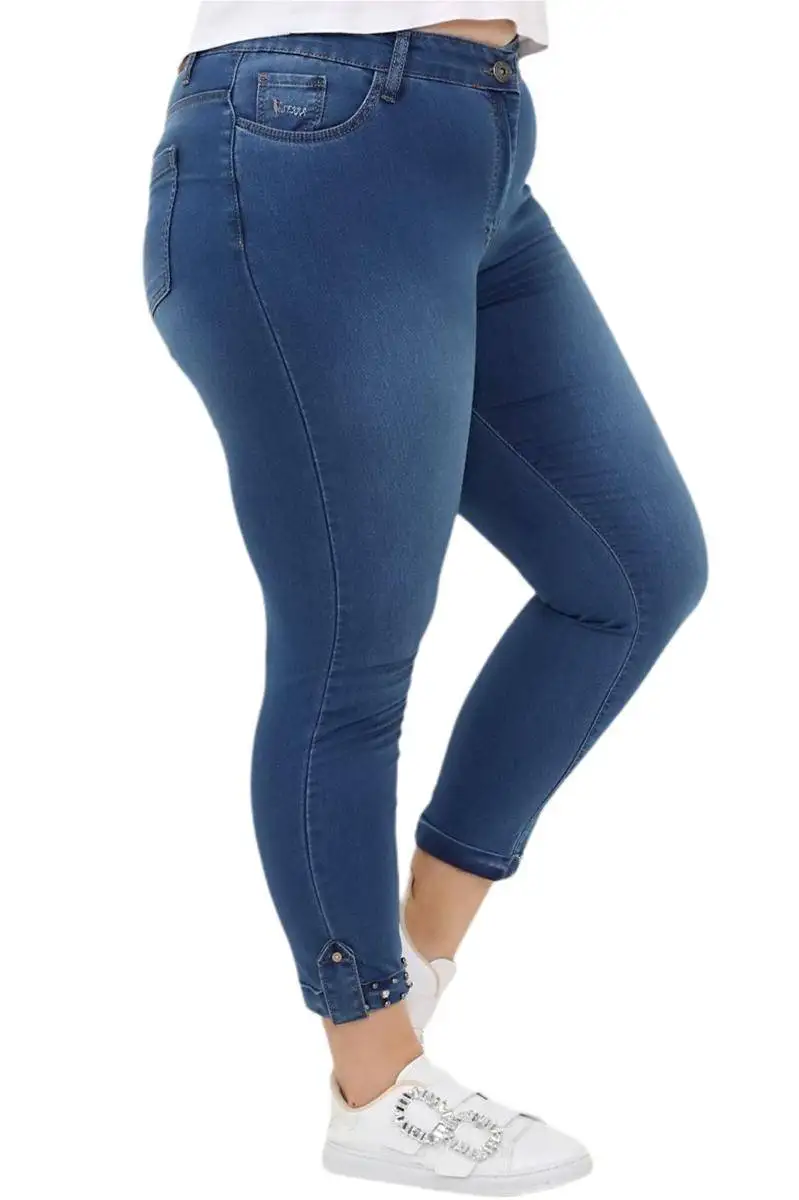 Женские джинсы с вышивкой на манжетах Hanezza темно-синие элегантные брюки до