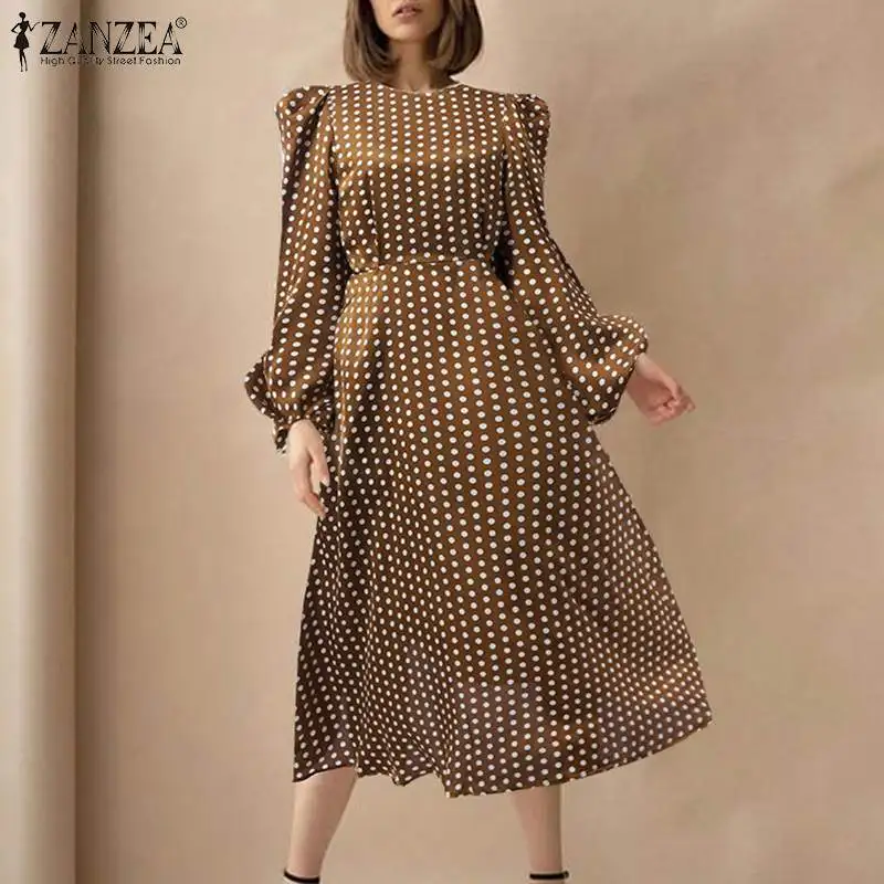 

Модель 2022 года, женские богемные платья в горошек ZANZEA, весна-осень, платье-миди с пышными рукавами, платья, Повседневное платье-трапеция боль...