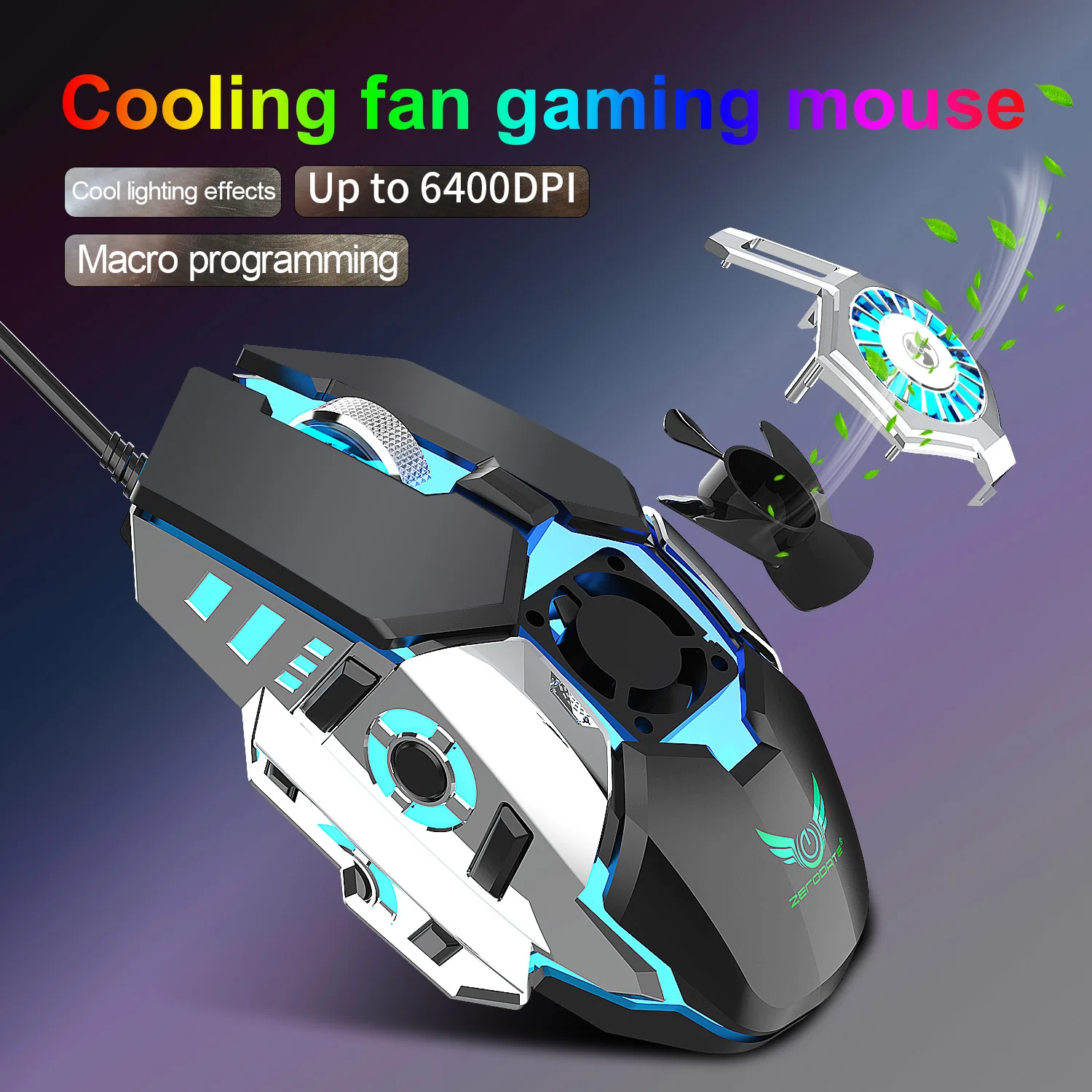 

USB Wired Gaming Mouse With Cooling Fan Mechanical Feel Gamer Mouse Mice For Laptop Computer PC Gamer 6400DPI Gaming Mause Mice