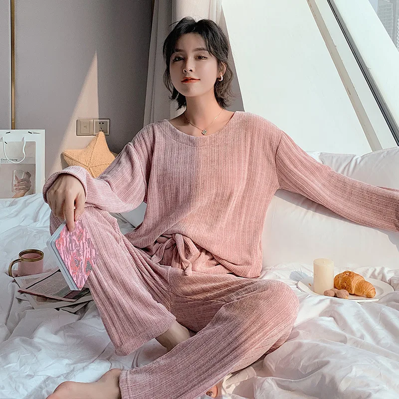 

SLPBELY New Simple Style Autumn Winter Warm Pajamas Flannel Long Sleeve Homewear Suit Velet Girl Nightwear