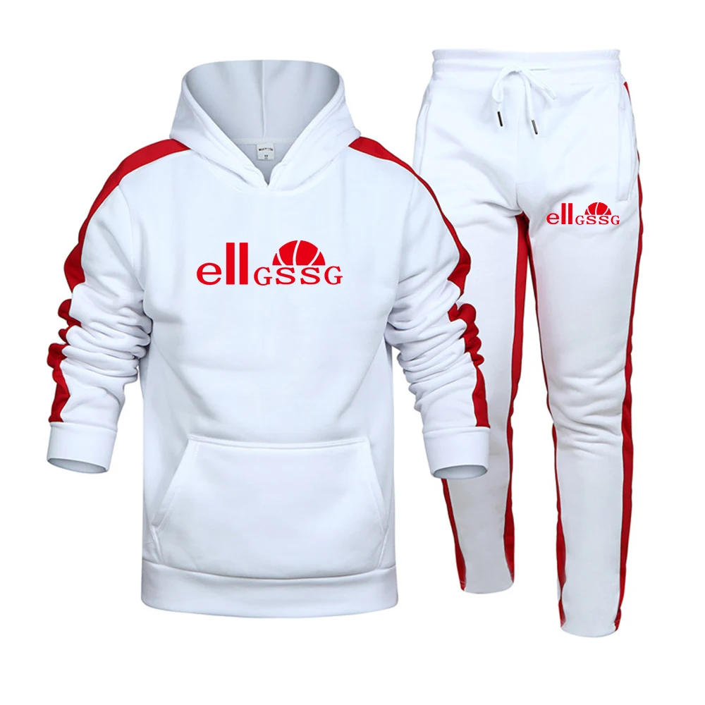 

Spring and autumn men's casual sports hoodie + small feet tied rope cotton trousers two-piece solid color printing stripe simple