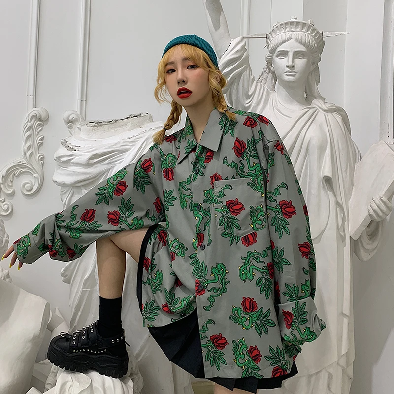 Женские летние рубашки Kawaii Ulzzang милая Ретро рубашка с длинным рукавом и принтом