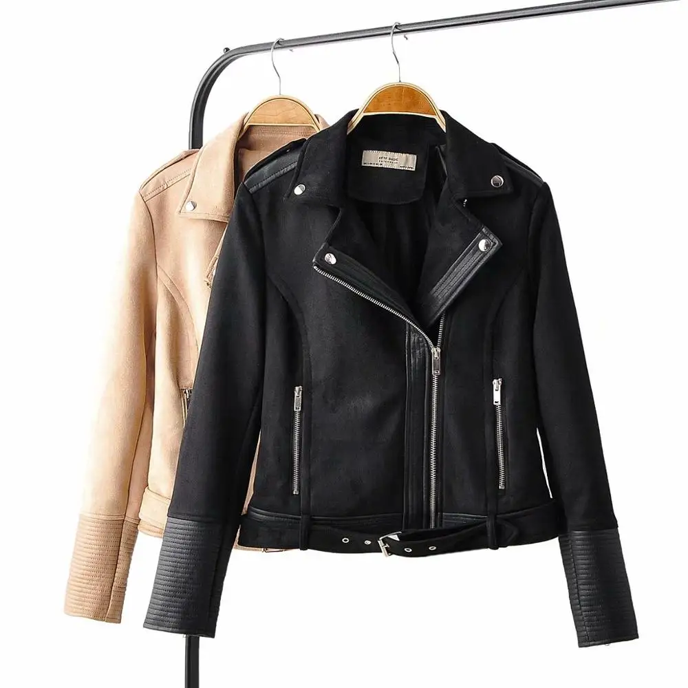 

2020 New Hot Women Suede Spliced PU Faux Leather Jackets Lady Autumn Winter Black Matte Motorcycle Zippers Coats Streetwear