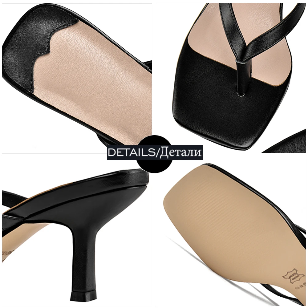 

ISNOM Sexy Thin High Heels Flip Flops New Women Shoes Summer Genuine Leather Thongs Ladies Slippers Outside Shoes Woman Slides
