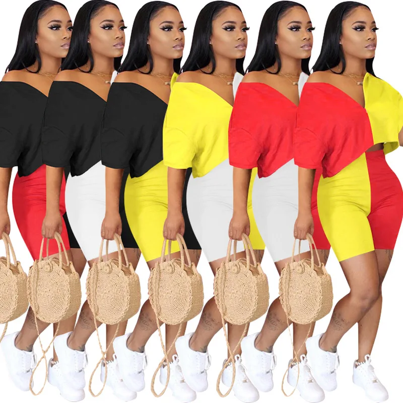 

Biker Shorts 2 Piece Set Women Summer Tracksuit Patchwork Crop Top Shorts Set Streetwear Club Outfits Matching Sets for Women