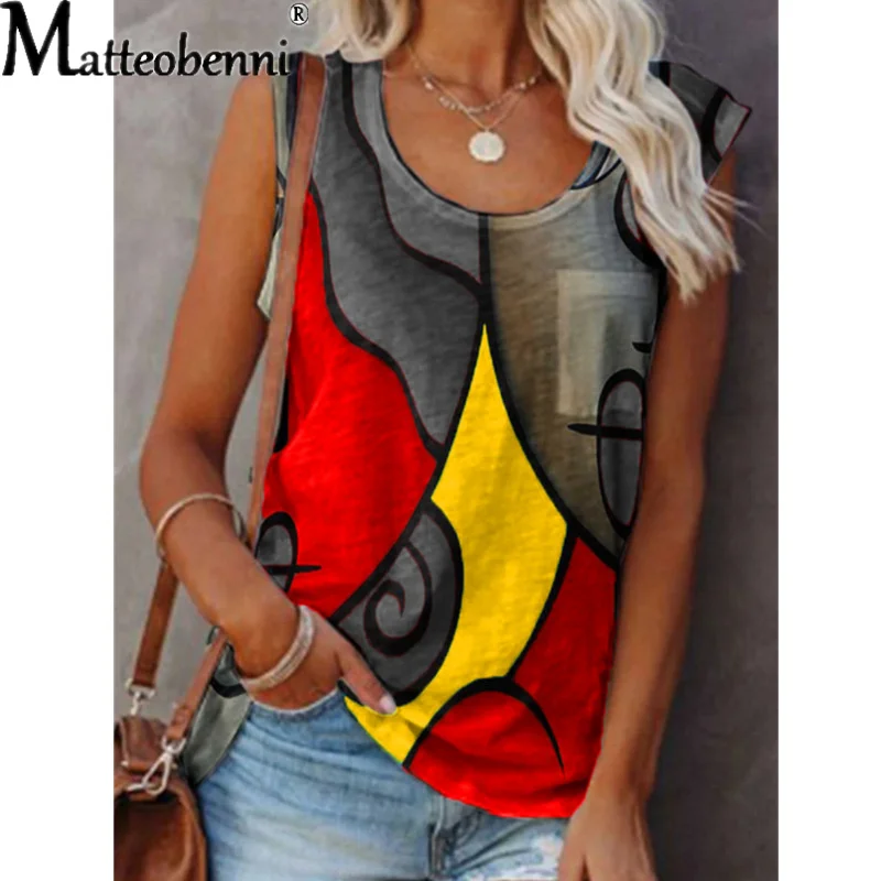 

2021 Summer New Women's Fashion Casual Retro Sleeveless Color Matching Printing T-Shirt Plus Size Vest Top Sandy Beach T-Shirt