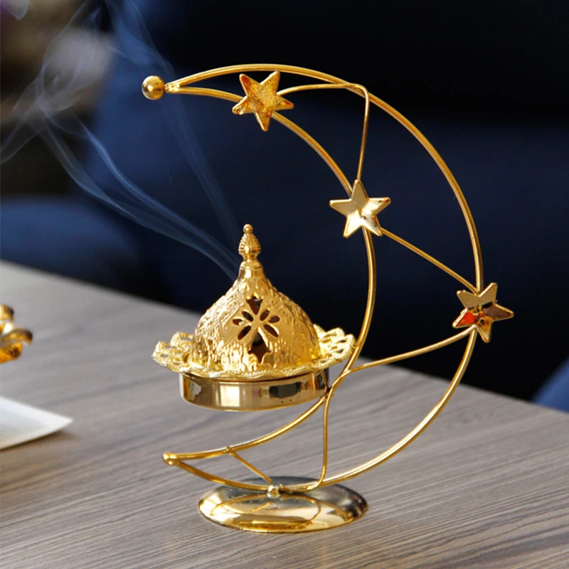 

Middle East Metal Ramadan Candlestick Holder Golden Moon and Star Incense Burner Dual Use Simple Aroma Diffuser Candle Holder