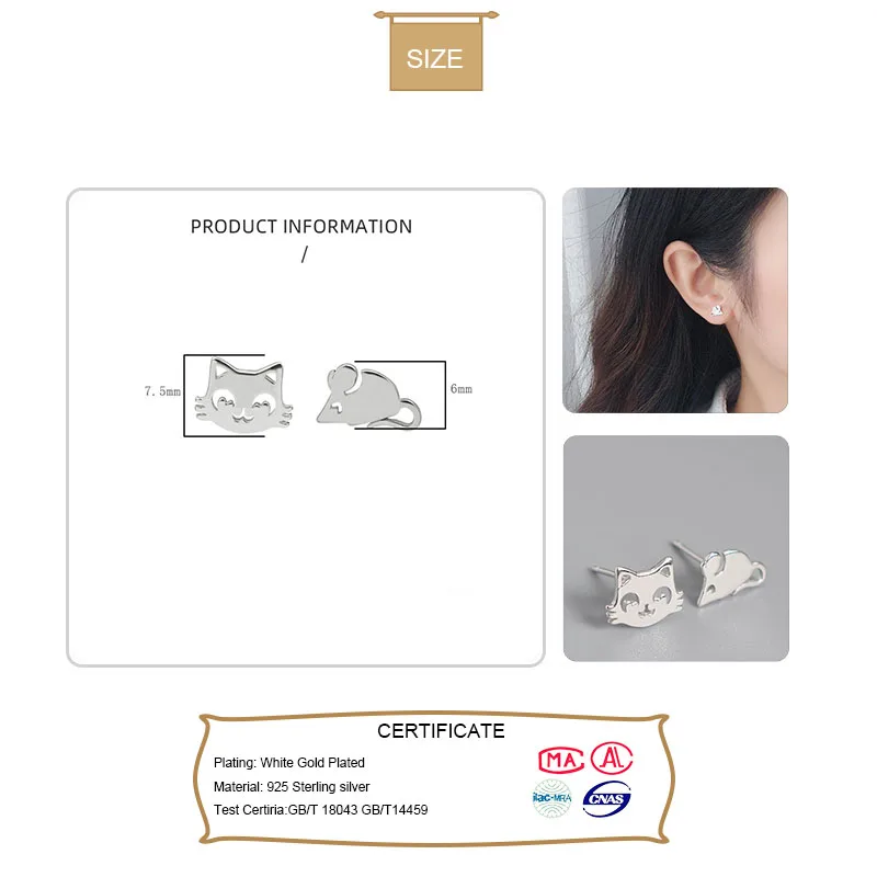 ElfoPlataSi Genuine Fashion 925 Sterling Silver Sweet Asymmetric Cat Mouse Stud Earring For Women Fine Jewelry Gift DA500 | Украшения и