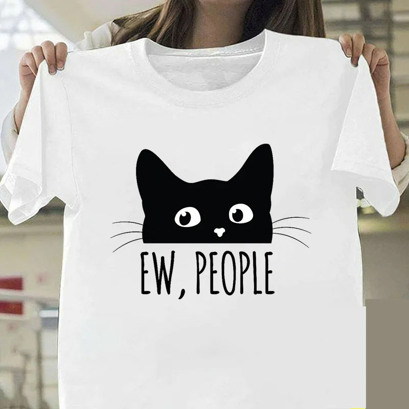 

Women Fashion T Shirts Cat Ew People Print Top White T Shirts Short Sleeve Harajuku Tops Female Clothing Plus Size Tshirt Tees