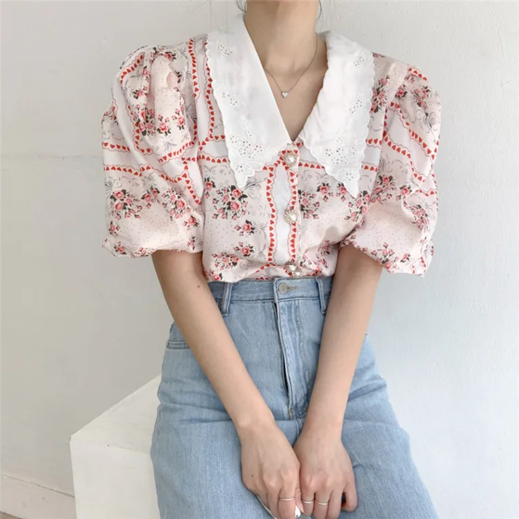 

2021 New Fashion Ladies Floral Shirt Puff Sleeve All-Match Casual Top