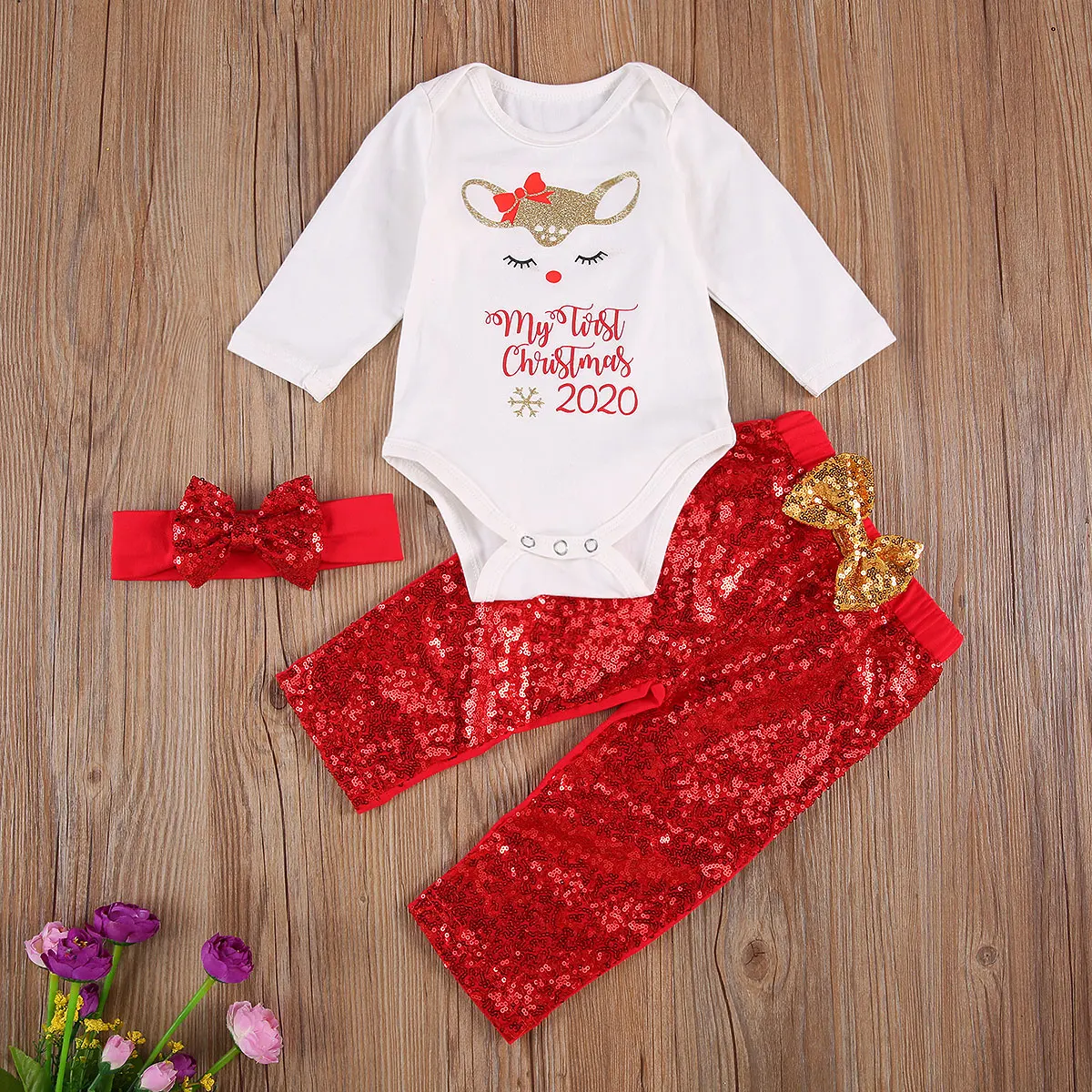 

Three Piece Baby Girl’s Clothes Unique Fawn Letter Long Sleeve Jumpsuit and Sequin Long Pants with Headband