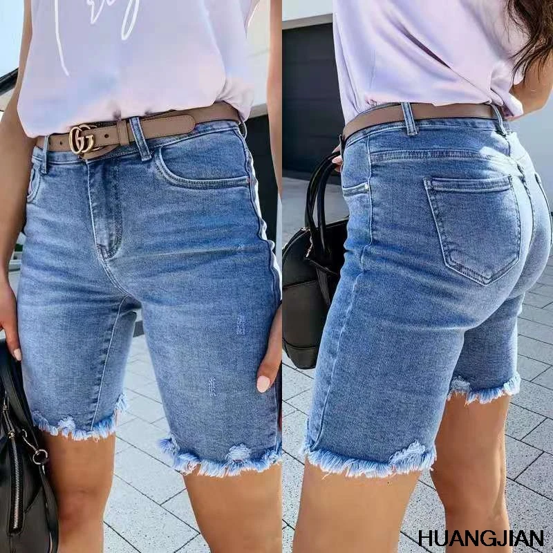 

2021 summer European and American women's light color jeans with holes in casual water washing Straight Jeans Shorts