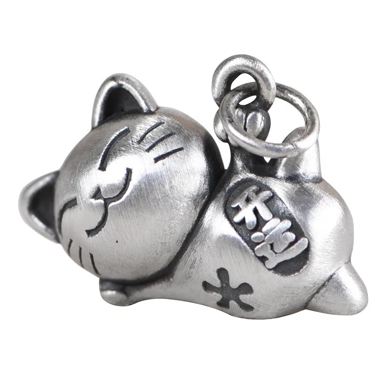 

990 Pure Silver Lucky Cat Pendant For Women Retro Good Luck Pendant Thai Silver Charm Jewelry Without Chain