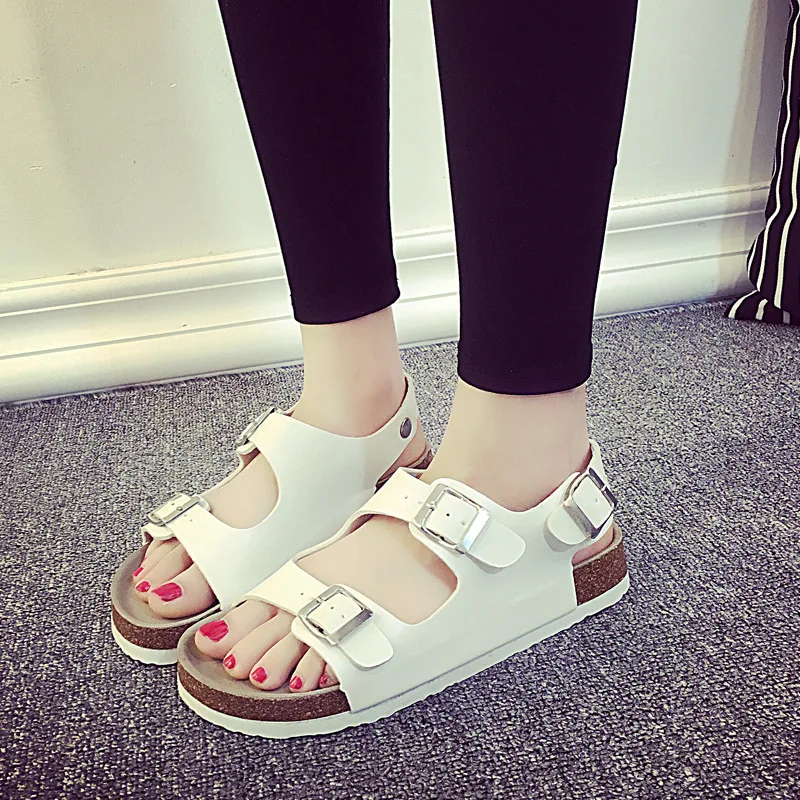 Черные/белые однотонные пробковые сандалии женские на платформе с двойной