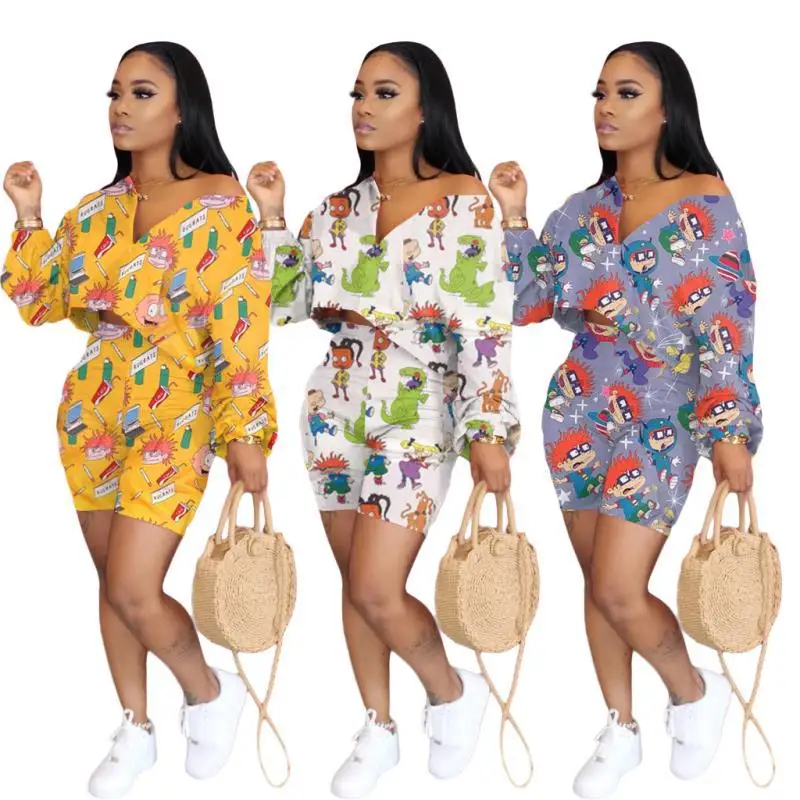 

European and American Women's 2020 New Fashion Sexy Cartoon Printed Two Piece Suit Casual Sports Shorts Long Sleeve Shorts
