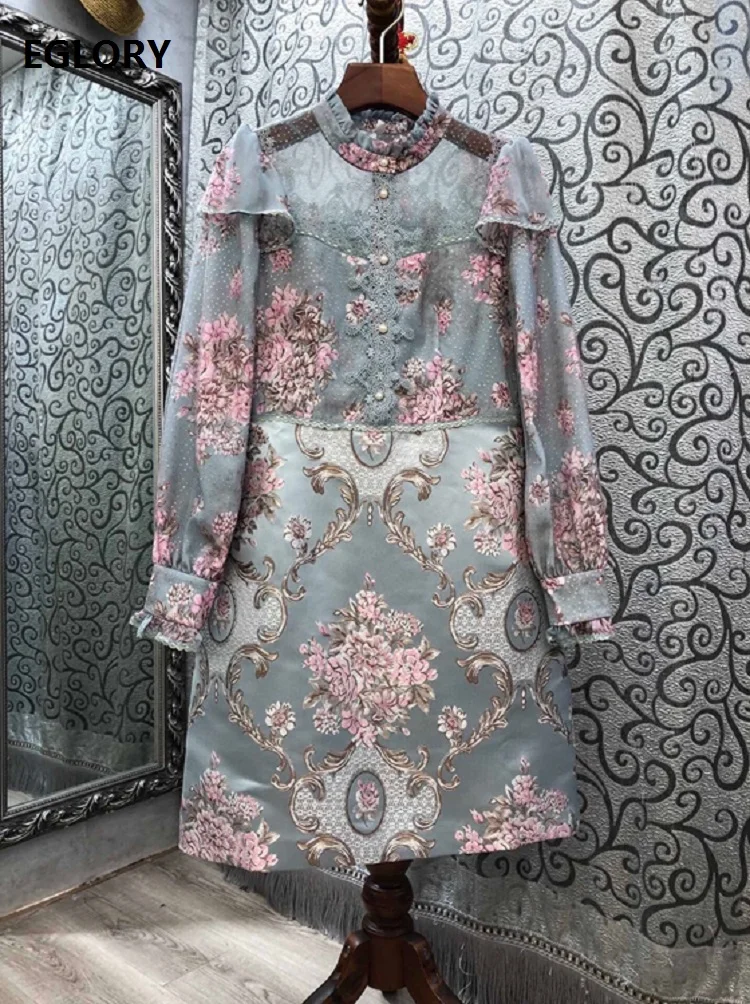 

Новинка, модные вечерние винтажные платья, Осень-зима 2020, женское кружевное платье с роскошной вышивкой и длинным рукавом, Черное и серое пл...